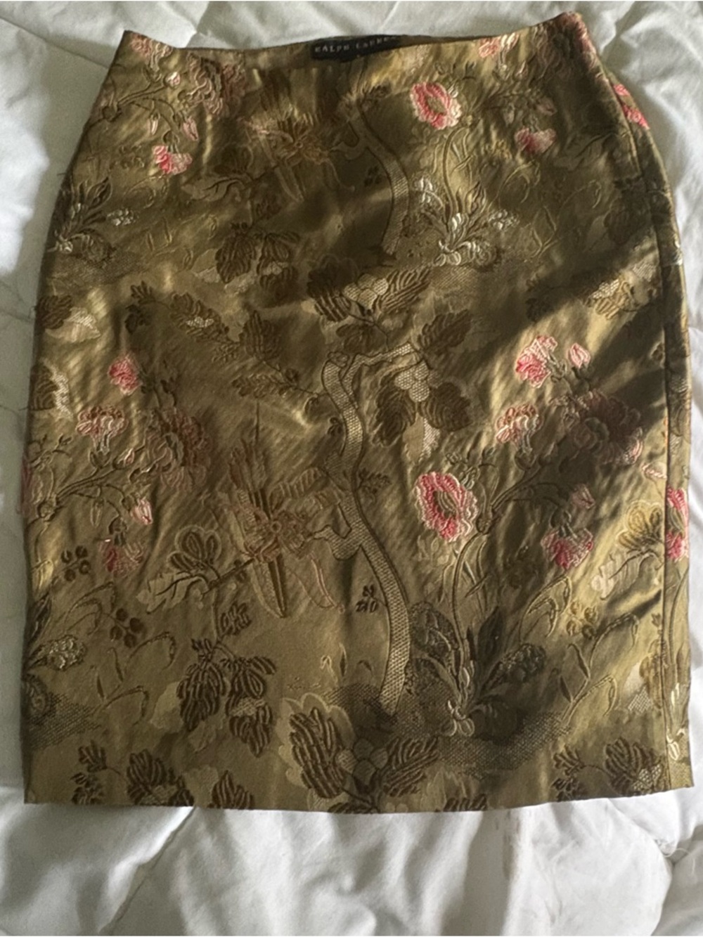 Ralph Lauren 100% Silk Green Brocade Pencil Skirt Pink Floral Accents 4 Luxury